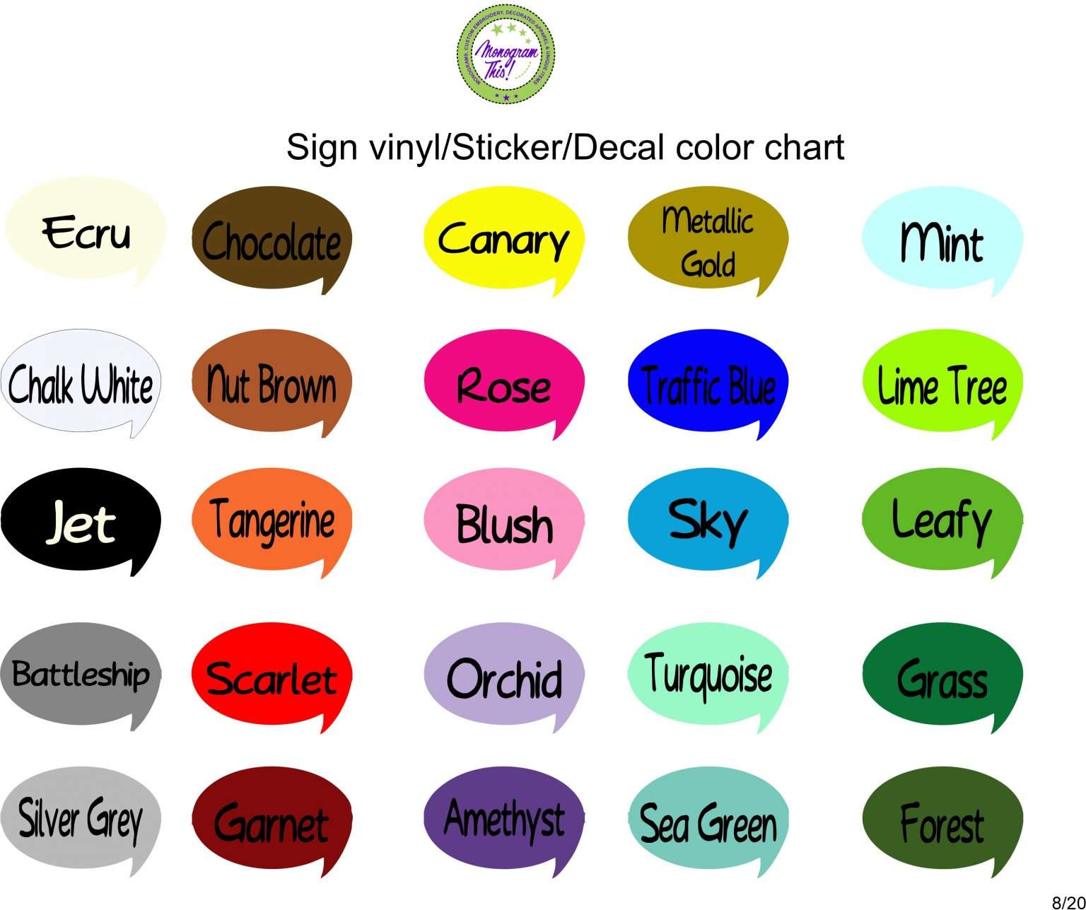 Decal, Sign Vinyl Color Chart Monogram This and More! Personalized